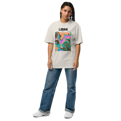 Woman wearing a Faded Bone Libra Oversized T-Shirt featuring an Abstract Libra Star Sign graphic on the chest - Cool Graphic Zodiac Oversized Tees - Boozy Fox