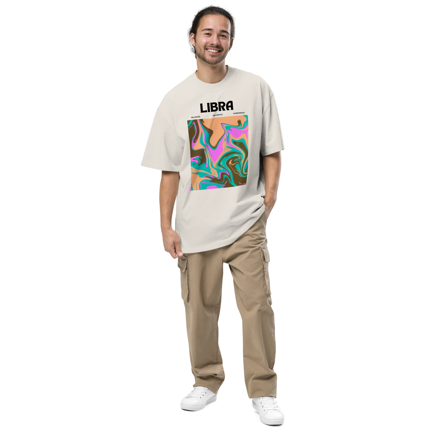 Man wearing a Faded Bone Libra Oversized T-Shirt featuring an Abstract Libra Star Sign graphic on the chest - Cool Graphic Zodiac Oversized Tees - Boozy Fox