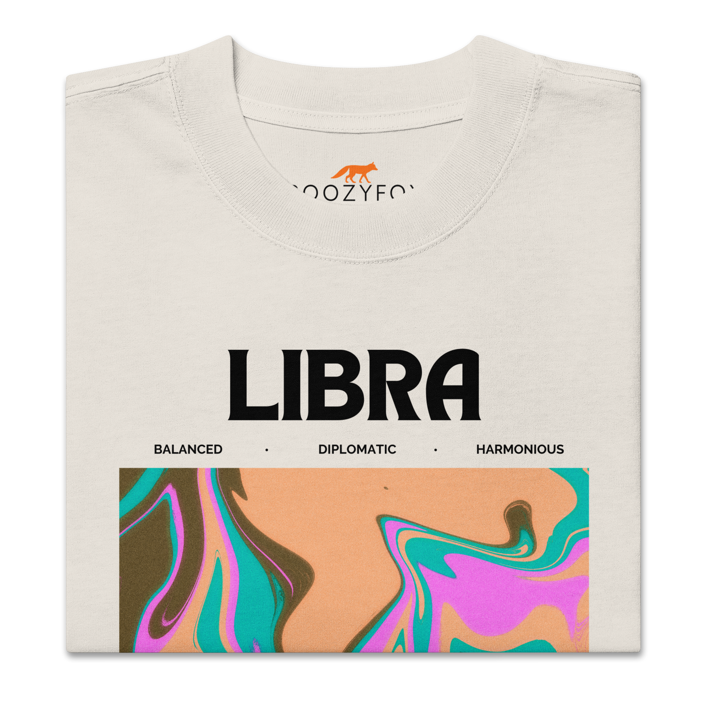 Front details of a Faded Bone Libra Oversized T-Shirt featuring an Abstract Libra Star Sign graphic on the chest - Cool Graphic Zodiac Oversized Tees - Boozy Fox