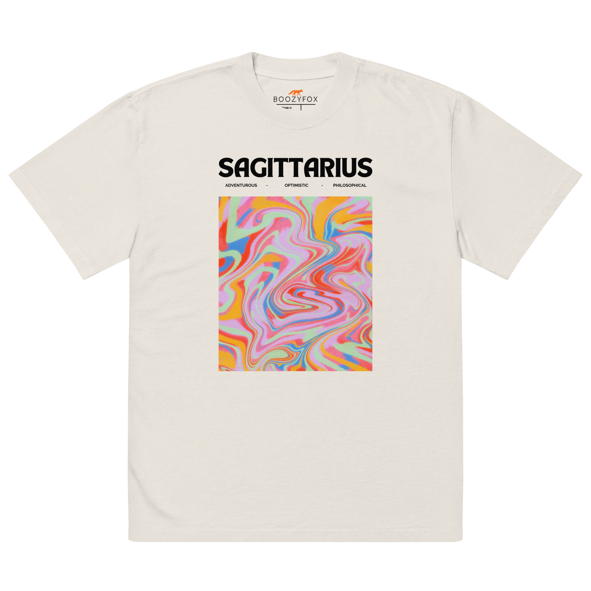 Faded Bone Sagittarius Oversized T-Shirt featuring an Abstract Sagittarius Star Sign graphic on the chest - Cool Graphic Zodiac Oversized Tees - Boozy Fox