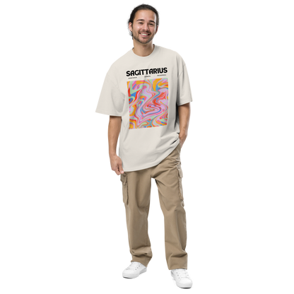 Man wearing a Faded Bone Sagittarius Oversized T-Shirt featuring an Abstract Sagittarius Star Sign graphic on the chest - Cool Graphic Zodiac Oversized Tees - Boozy Fox