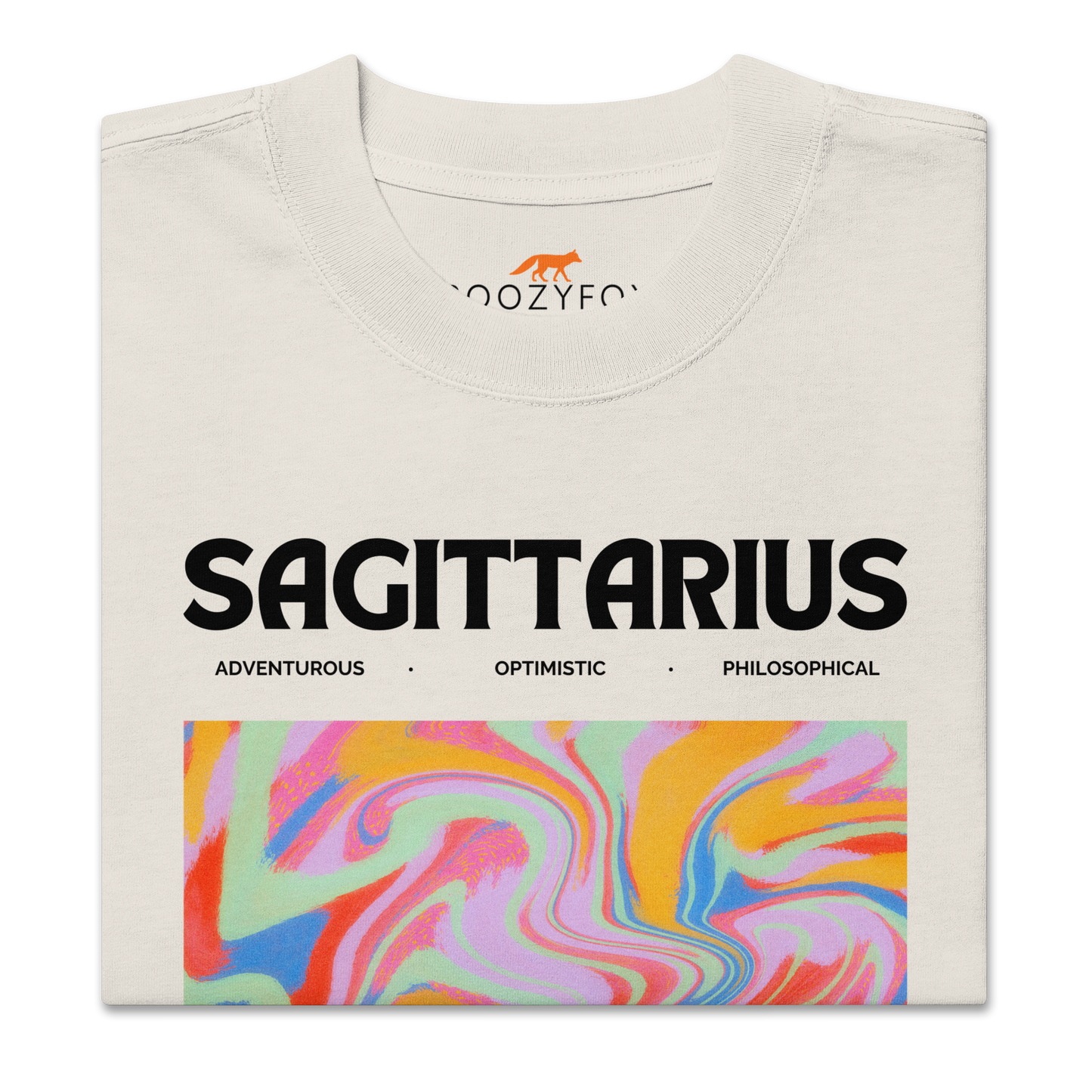 Front details of a Faded Bone Sagittarius Oversized T-Shirt featuring an Abstract Sagittarius Star Sign graphic on the chest - Cool Graphic Zodiac Oversized Tees - Boozy Fox