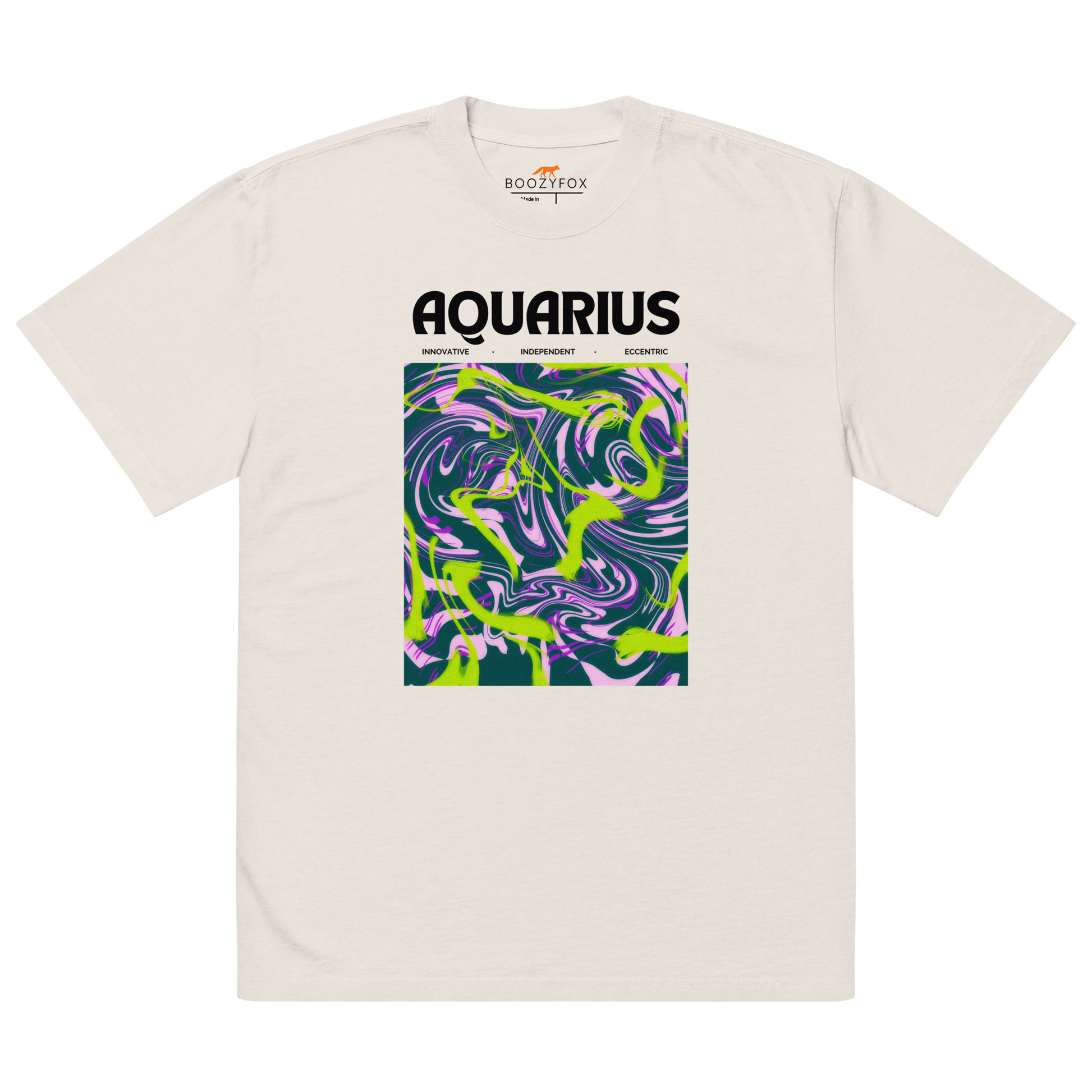 Faded Bone Aquarius Oversized T-Shirt featuring an Abstract Aquarius Star Sign graphic on the chest - Cool Graphic Zodiac Oversized Tees - Boozy Fox