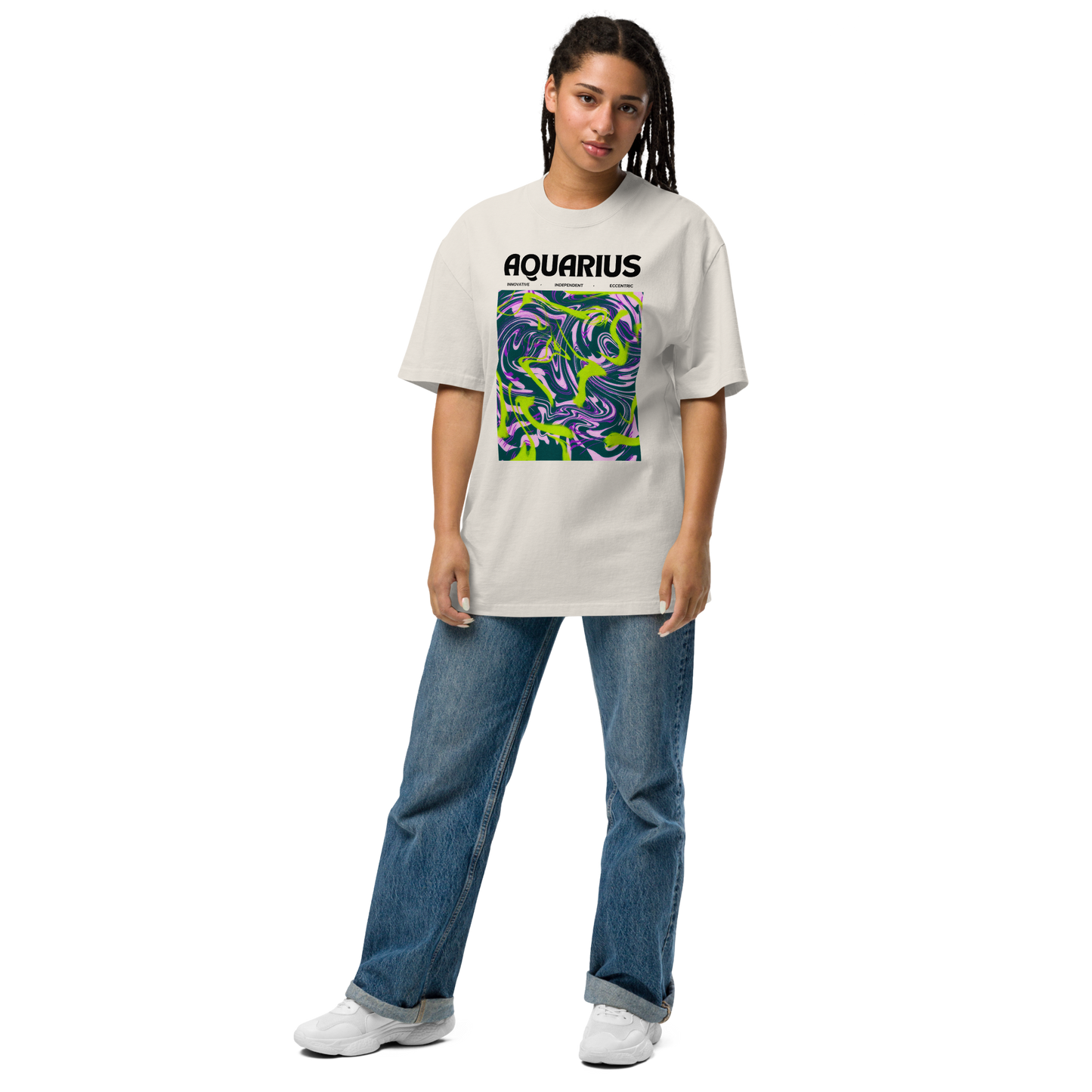Woman wearing a Faded Bone Aquarius Oversized T-Shirt featuring an Abstract Aquarius Star Sign graphic on the chest - Cool Graphic Zodiac Oversized Tees - Boozy Fox