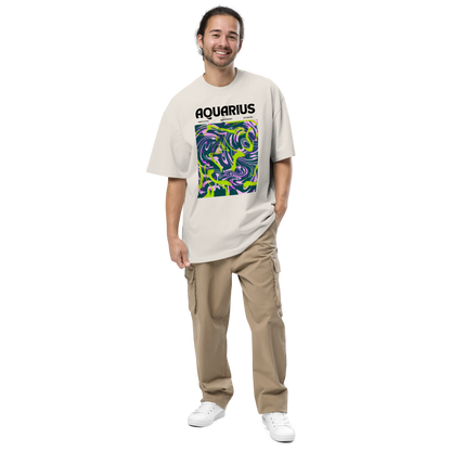 Man wearing a Faded Bone Aquarius Oversized T-Shirt featuring an Abstract Aquarius Star Sign graphic on the chest - Cool Graphic Zodiac Oversized Tees - Boozy Fox