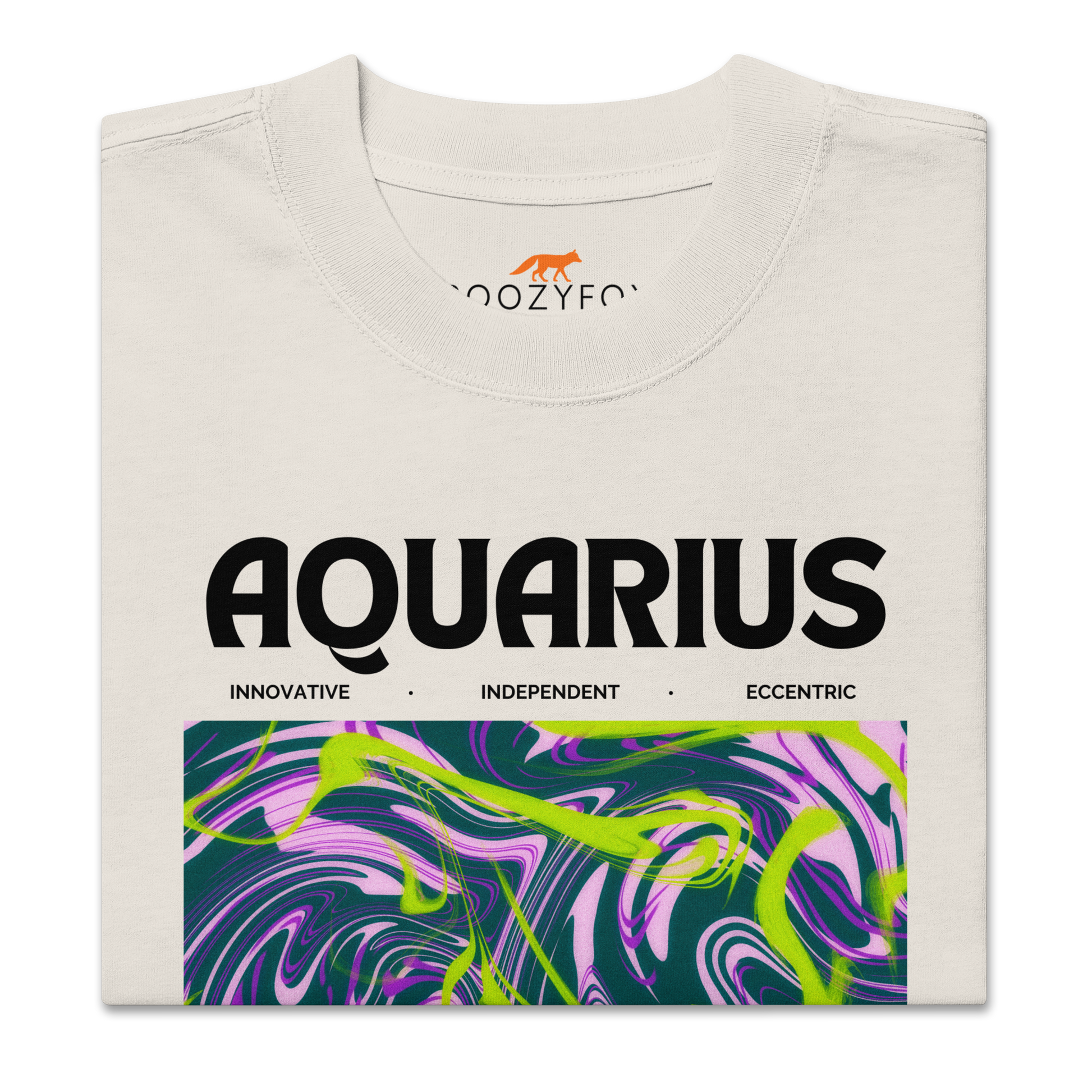 Front details of a Faded Bone Aquarius Oversized T-Shirt featuring an Abstract Aquarius Star Sign graphic on the chest - Cool Graphic Zodiac Oversized Tees - Boozy Fox