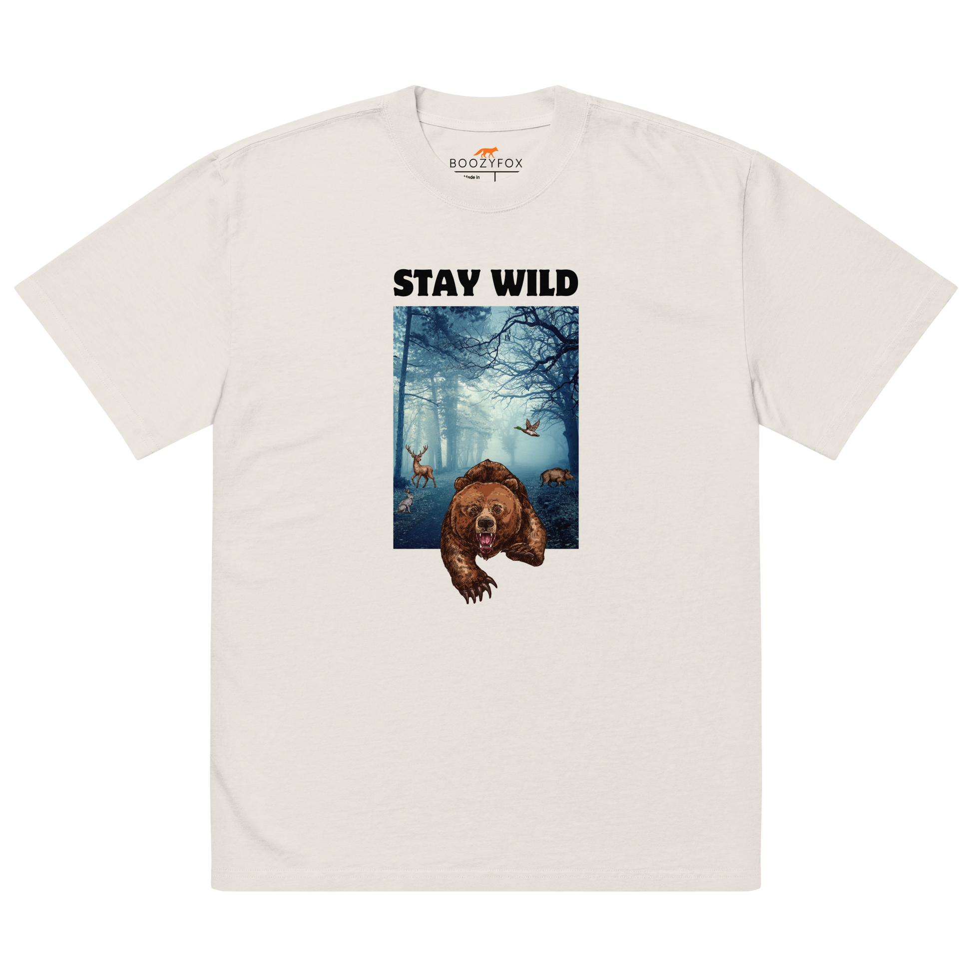 Faded Bone Bear Oversized T-Shirt featuring a Stay Wild graphic on the chest - Cool Graphic Bear Oversized Tees - Boozy Fox