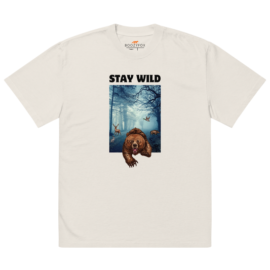Faded Bone Bear Oversized T-Shirt featuring a Stay Wild graphic on the chest - Cool Graphic Bear Oversized Tees - Boozy Fox