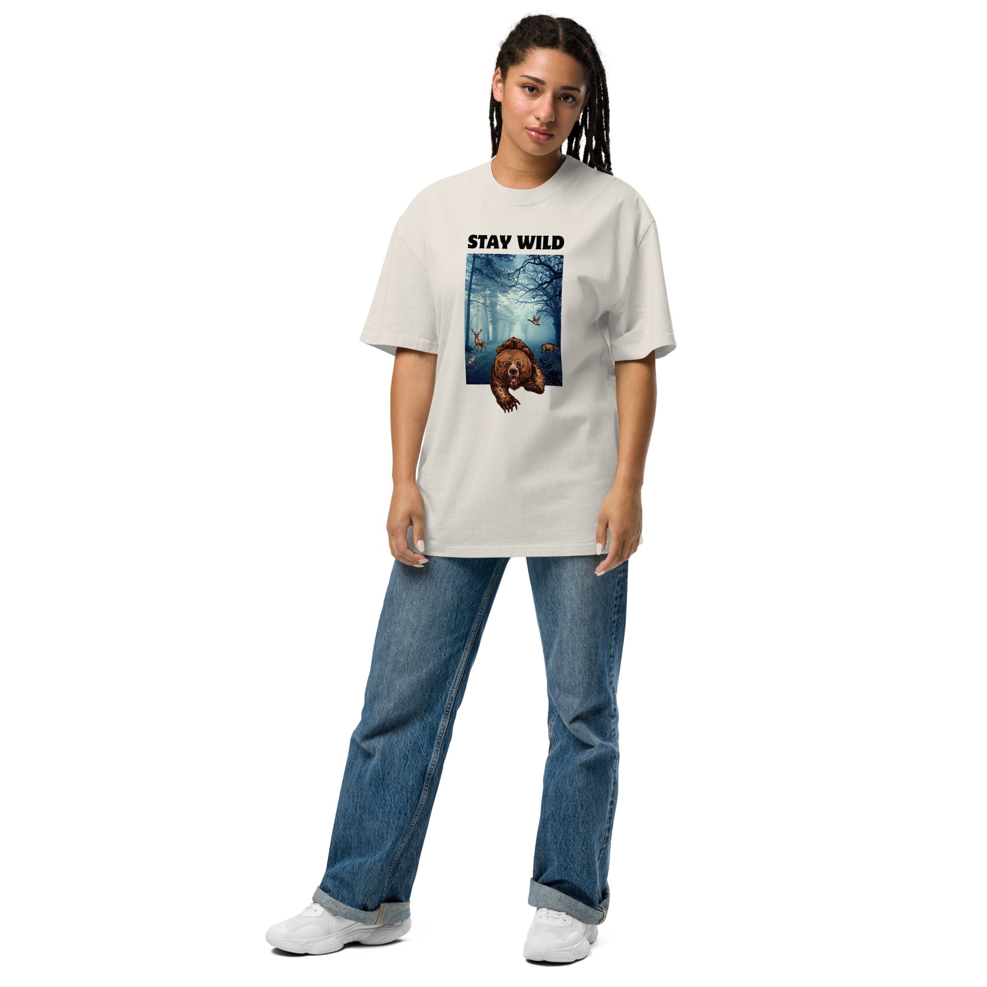 Woman wearing a Faded Bone Bear Oversized T-Shirt featuring a Stay Wild graphic on the chest - Cool Graphic Bear Oversized Tees - Boozy Fox
