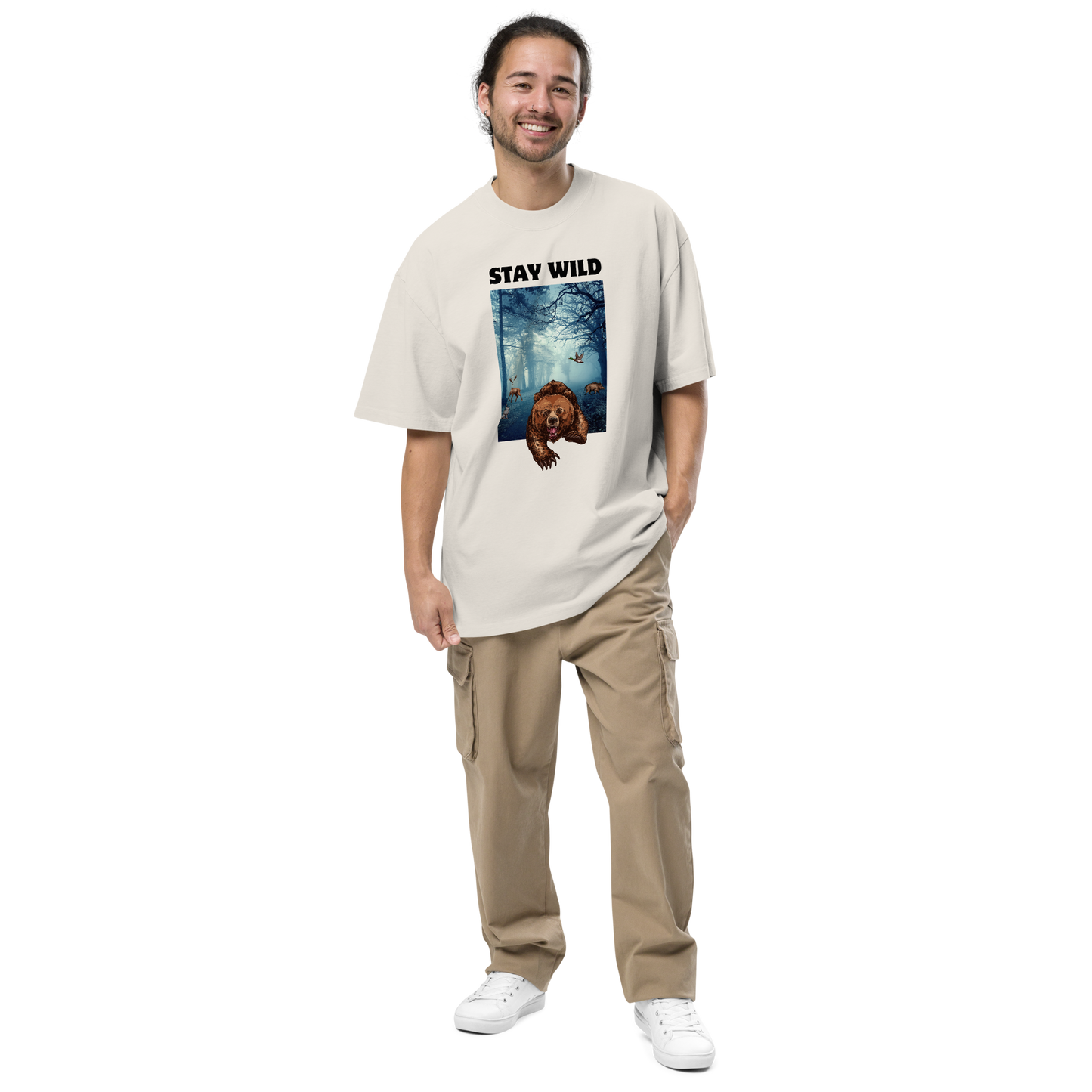 Man wearing a Faded Bone Bear Oversized T-Shirt featuring a Stay Wild graphic on the chest - Cool Graphic Bear Oversized Tees - Boozy Fox