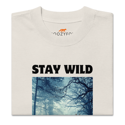 Close details of a Faded Bone Bear Oversized T-Shirt featuring a Stay Wild graphic on the chest - Cool Graphic Bear Oversized Tees - Boozy Fox