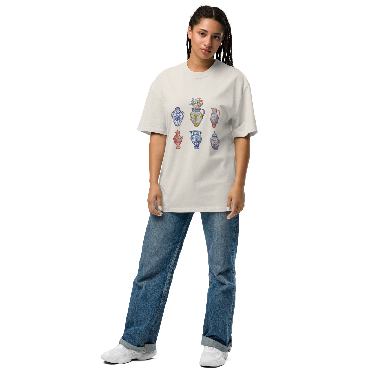 Woman wearing a Faded Bone Vase Oversized T-Shirt featuring a chic vase graphic on the chest - Artsy Graphic Vase Oversized Tees - Boozy Fox