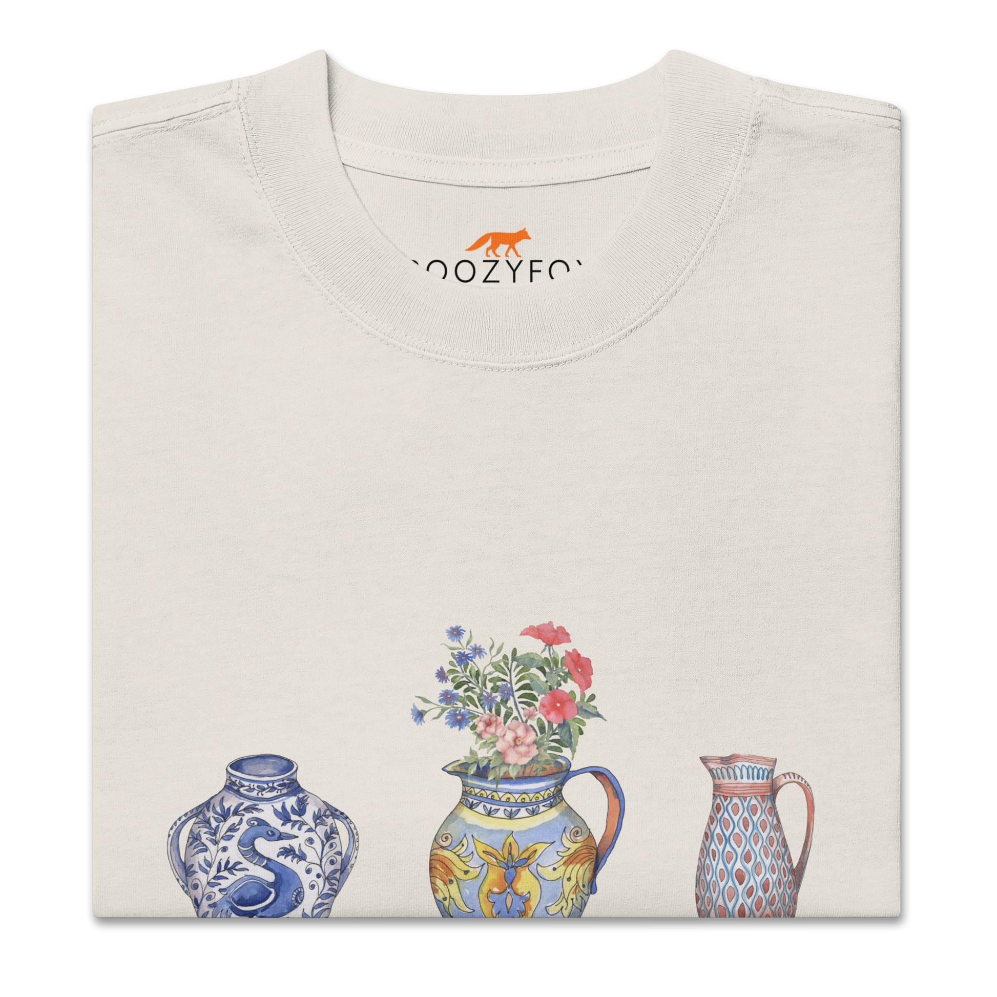 Front details of a Faded Bone Vase Oversized T-Shirt featuring a chic vase graphic on the chest - Artsy Graphic Vase Oversized Tees - Boozy Fox
