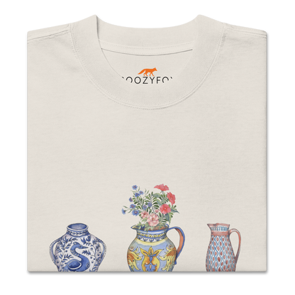 Front details of a Faded Bone Vase Oversized T-Shirt featuring a chic vase graphic on the chest - Artsy Graphic Vase Oversized Tees - Boozy Fox
