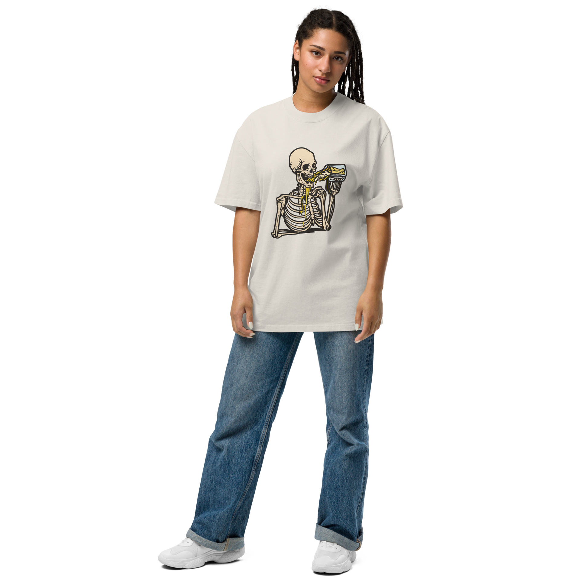 Woman wearing a faded bone Skeleton Drinking Beer Oversized Tee - Boozy Fox