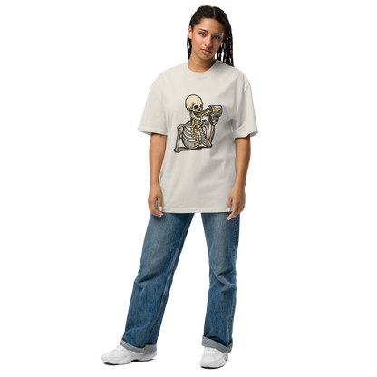 Woman wearing a faded bone Skeleton Drinking Beer Oversized Tee - Boozy Fox