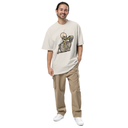 Man wearing a faded bone Skeleton Drinking Beer Oversized Tee - Boozy Fox