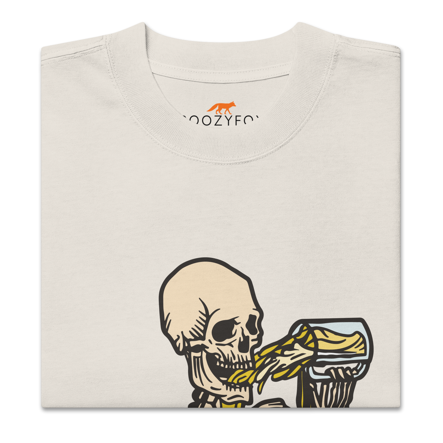 Front details of a Faded Bone Skeleton Drinking Beer Oversized Tee - Boozy Fox