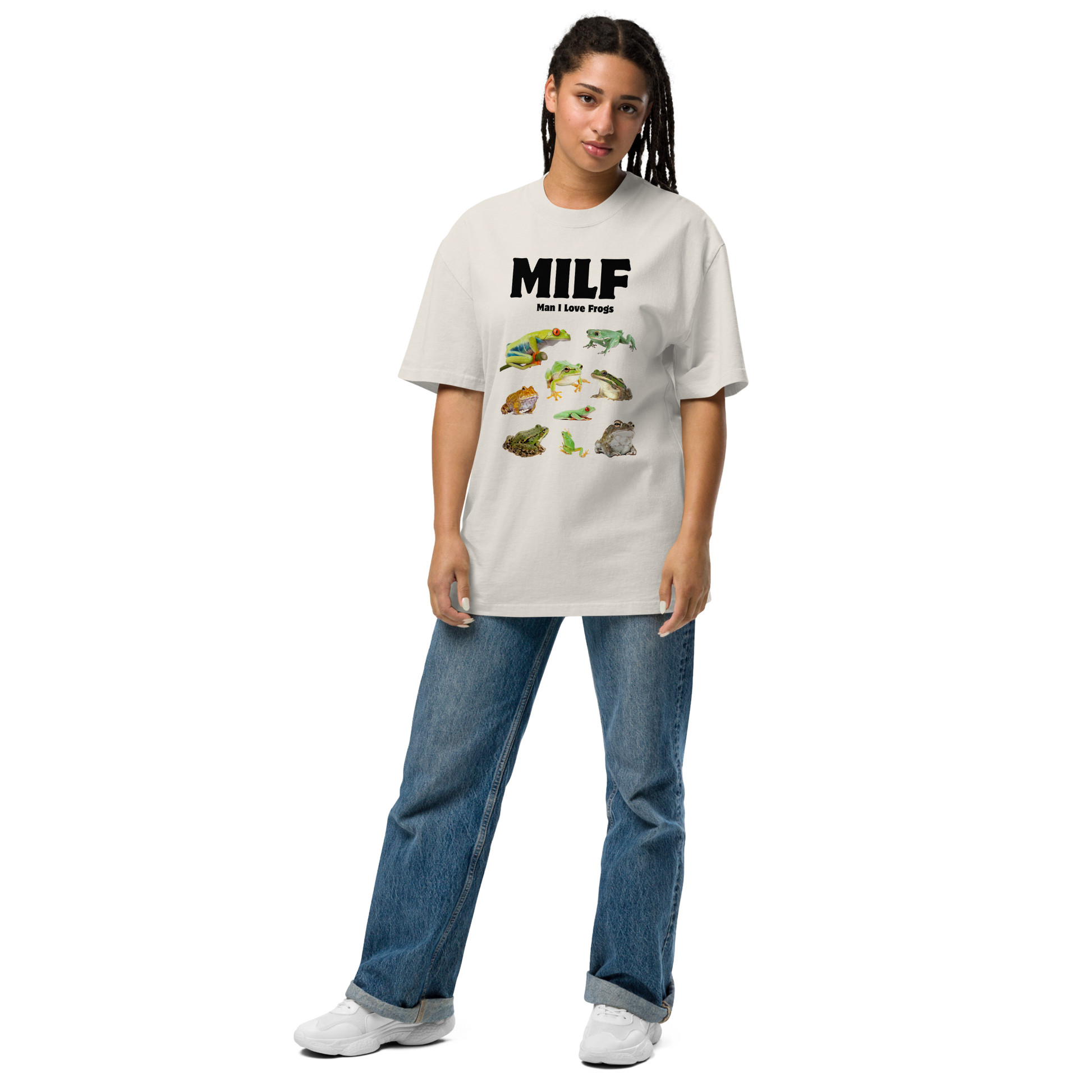 Woman wearing a faded bone Man I Love Frogs Oversized Tee - Boozy Fox