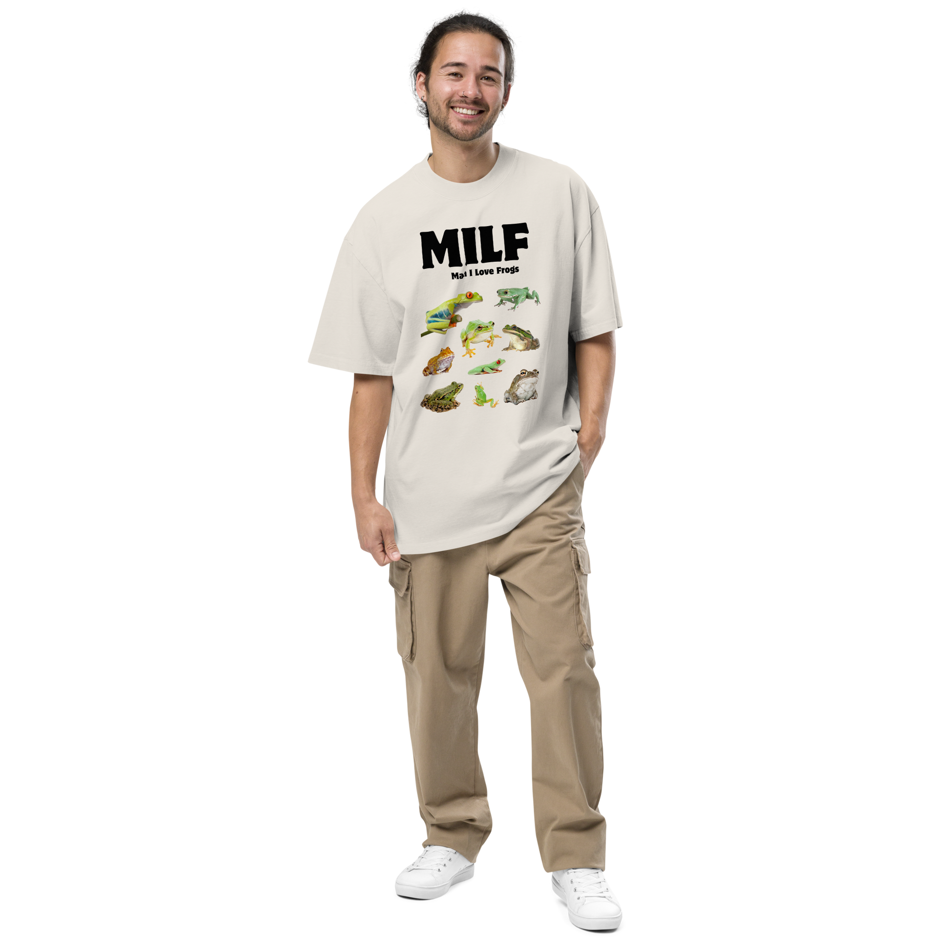 Smiling man wearing a faded bone Man I Love Frogs Oversized Tee - Boozy Fox