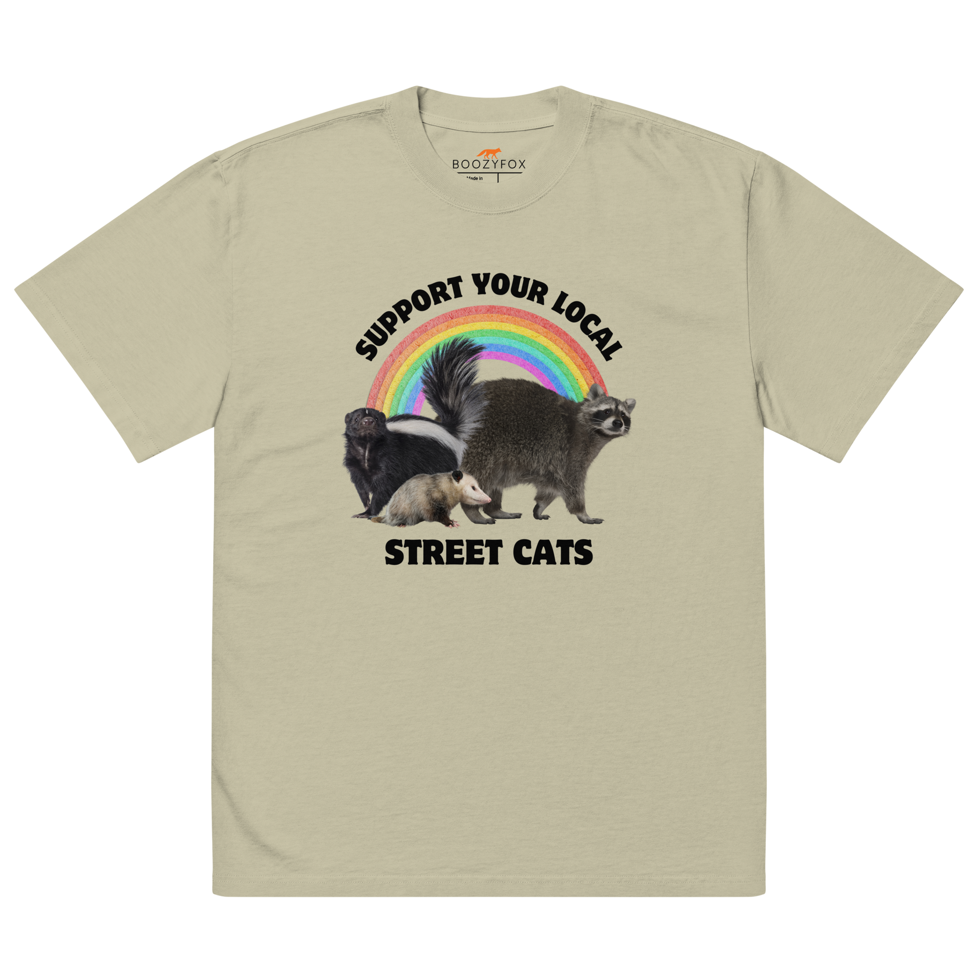 Faded Eucalyptus Street Cats Oversized T-Shirt featuring a purr-fect trio – opossum, skunk, raccoon – and the Support Your Local Street Cats graphic on the chest - Funny Graphic Animal Oversized Tees - Boozy Fox