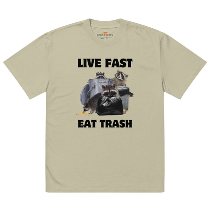 Faded Eucalyptus Raccoon Oversized T-Shirt featuring the bold Live Fast Eat Trash graphic on the chest - Funny Graphic Raccoon Oversized Tees - Boozy Fox