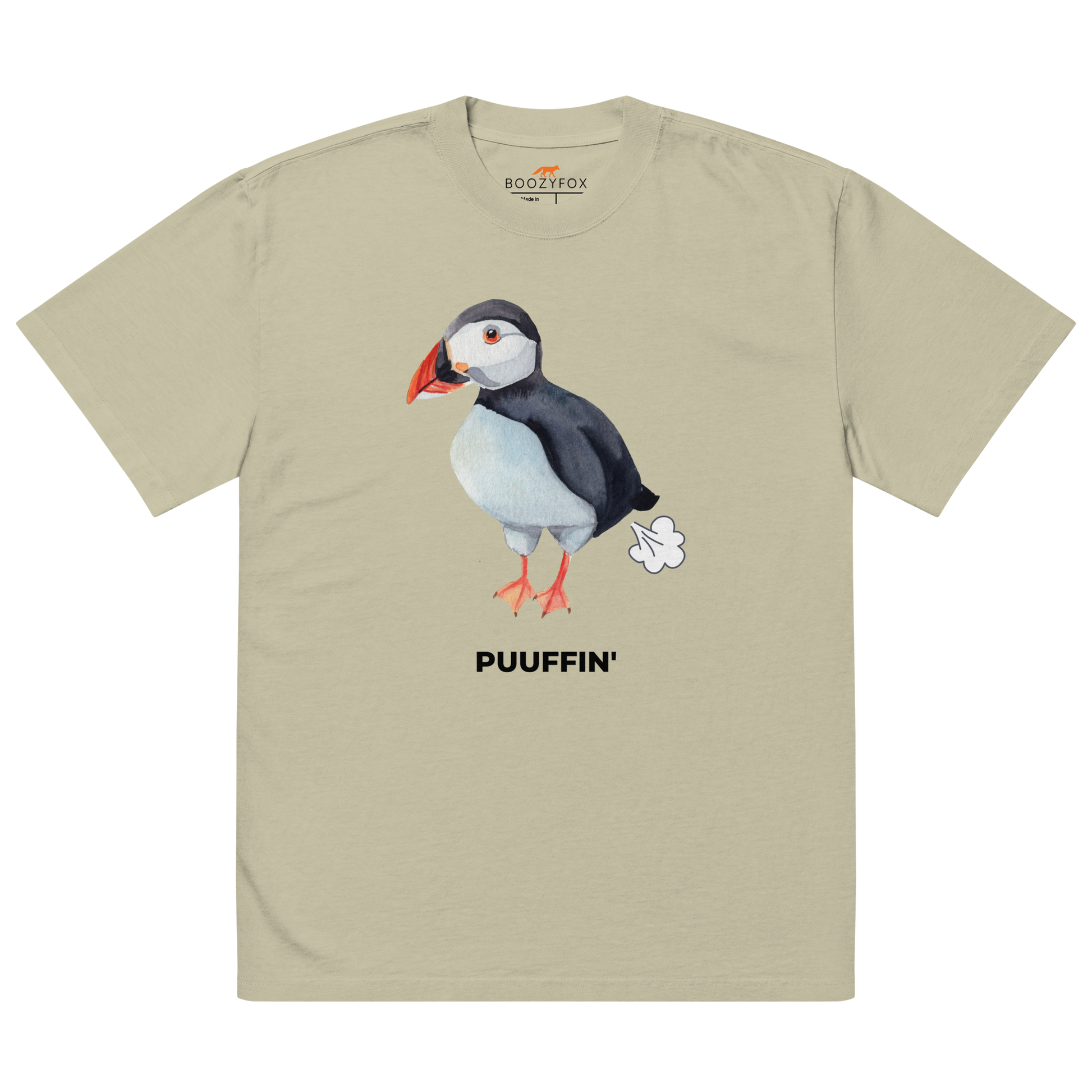 Faded Eucalyptus Puffin Oversized T-Shirt featuring a comic Puuffin' graphic on the chest - Funny Graphic Puffin Oversized Tees - Boozy Fox