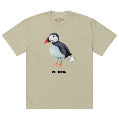 Faded Eucalyptus Puffin Oversized T-Shirt featuring a comic Puuffin' graphic on the chest - Funny Graphic Puffin Oversized Tees - Boozy Fox