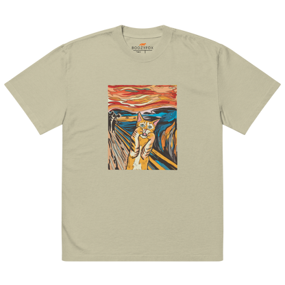 Faded Eucalyptus Screaming Cat Oversized T-Shirt showcasing the iconic 'The Scream' graphic on the chest - Funny Graphic Cat Oversized Tees - Boozy Fox