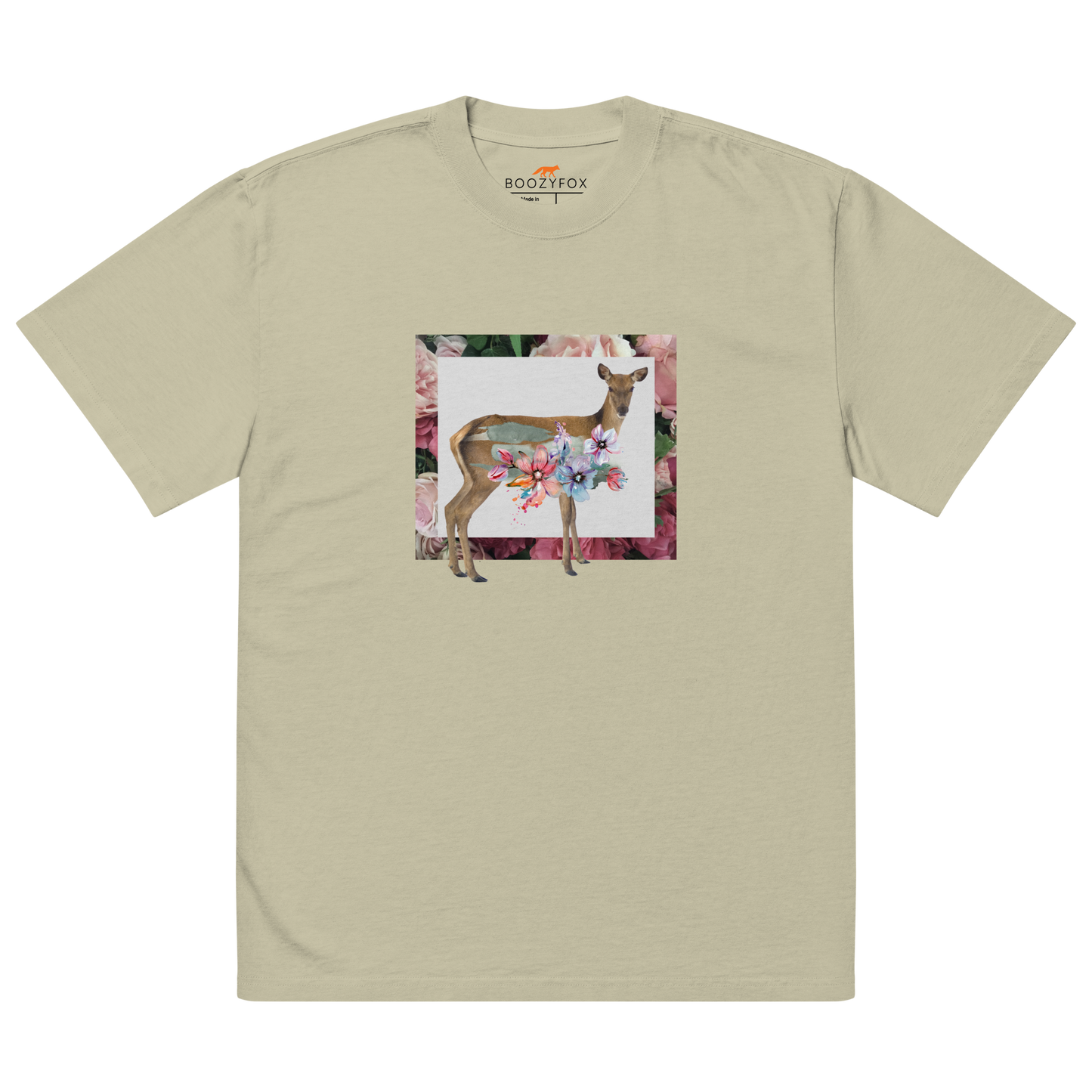 Faded Eucalyptus Deer Oversized T-Shirt featuring a captivating Floral Deer graphic on the chest - Cute Graphic Deer Oversized Tees - Boozy Fox
