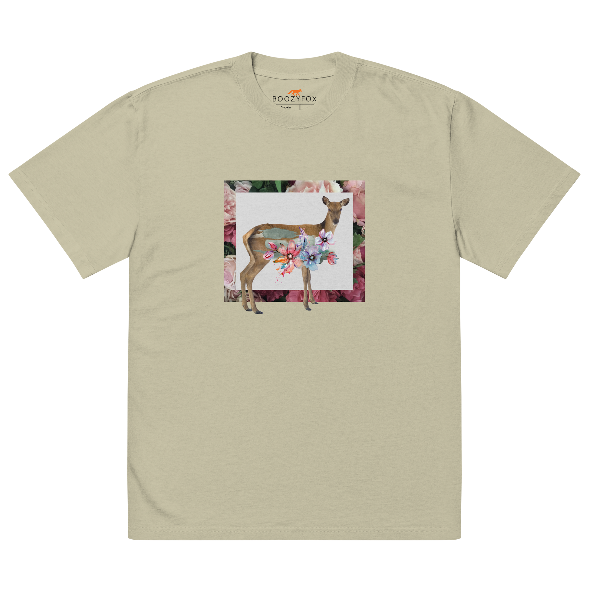 Faded Eucalyptus Deer Oversized T-Shirt featuring a captivating Floral Deer graphic on the chest - Cute Graphic Deer Oversized Tees - Boozy Fox