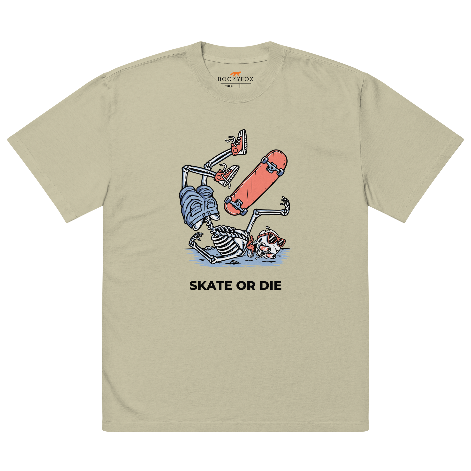 Faded Eucalyptus Skate or Die Oversized T-Shirt featuring a fearless Skeleton Falling While Skateboarding graphic on the chest - Cool Graphic Skeleton Oversized Tees - Boozy Fox