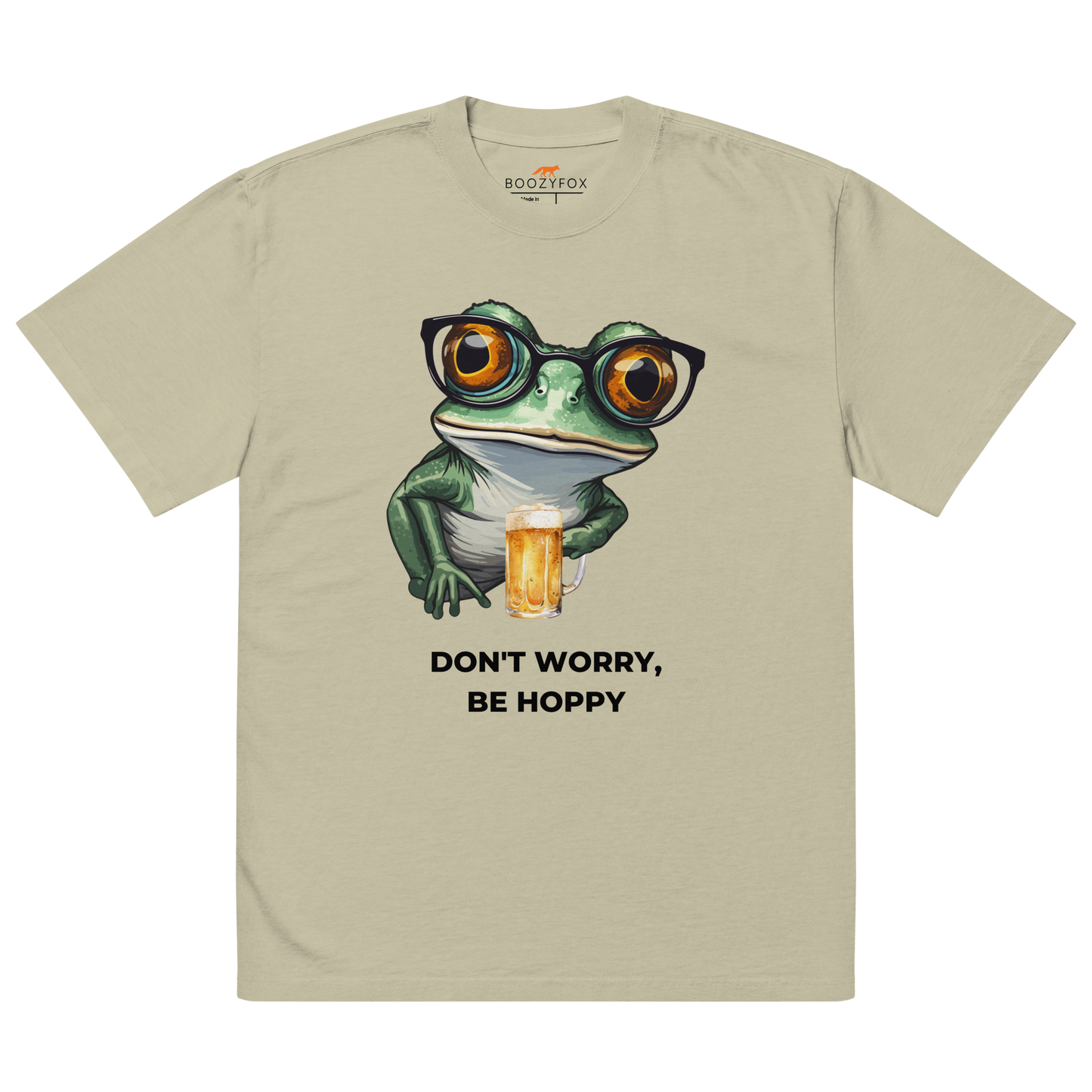 Faded Eucalyptus Frog Oversized T-Shirt featuring a ribbitting Don't Worry, Be Hoppy graphic on the chest - Funny Graphic Frog Oversized Tees - Boozy Fox