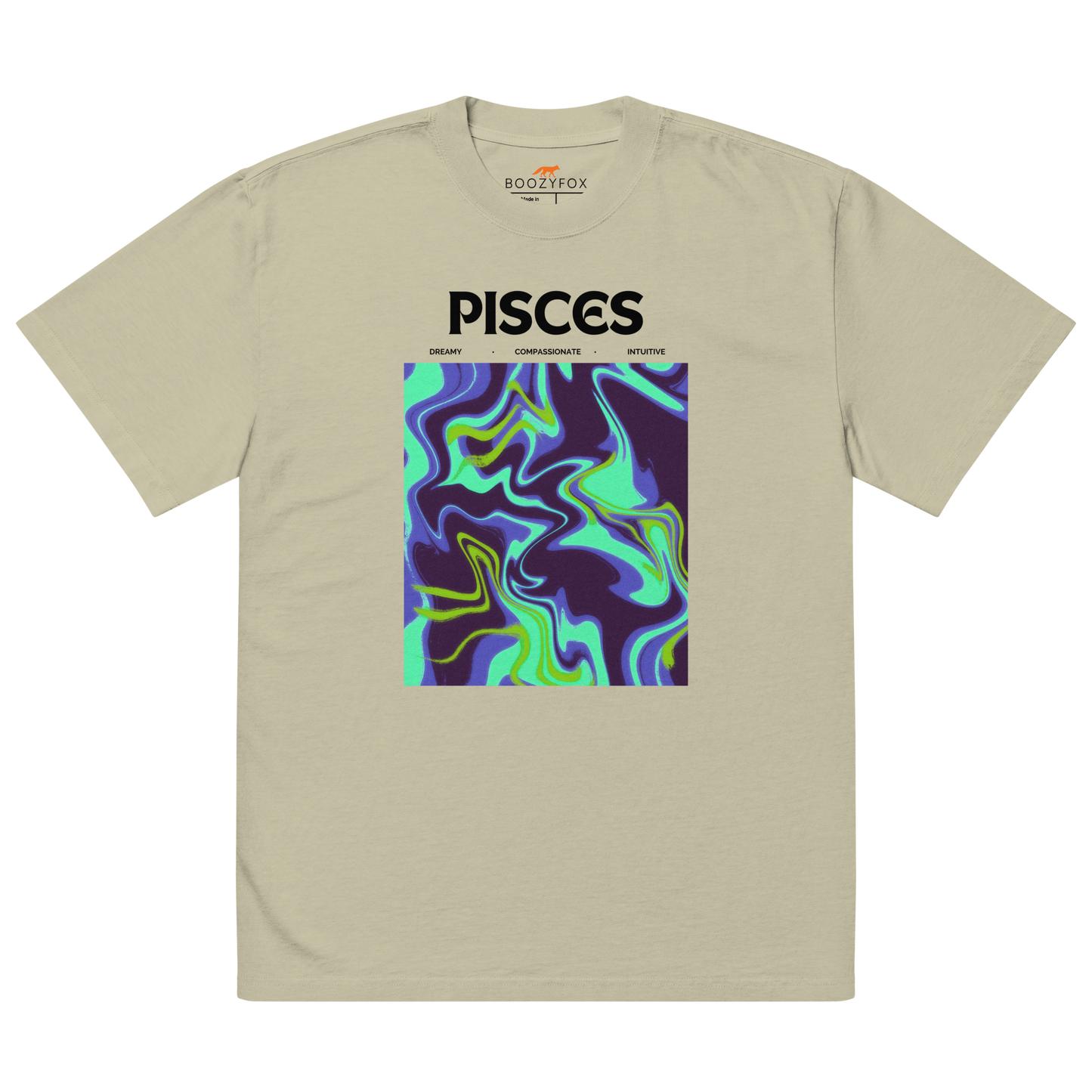 Faded Eucalyptus Pisces Oversized T-Shirt featuring an Abstract Pisces Star Sign graphic on the chest - Cool Graphic Zodiac Oversized Tees - Boozy Fox
