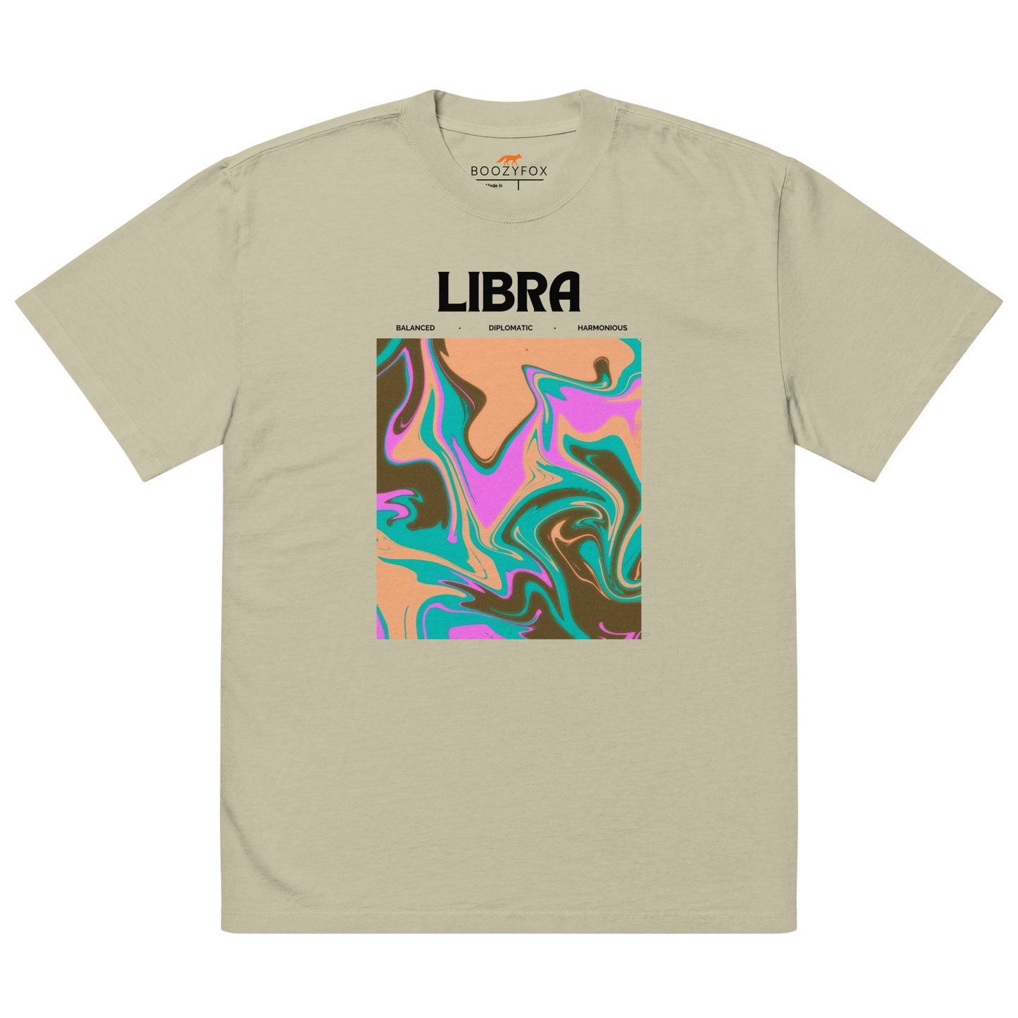 Faded Eucalyptus Libra Oversized T-Shirt featuring an Abstract Libra Star Sign graphic on the chest - Cool Graphic Zodiac Oversized Tees - Boozy Fox
