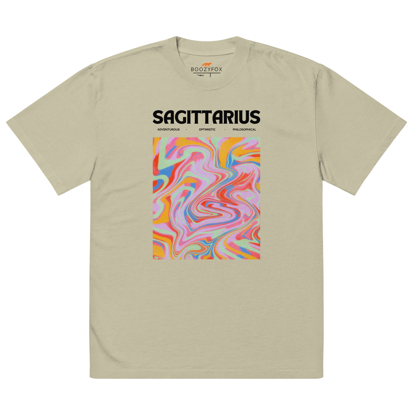 Faded Eucalyptus Sagittarius Oversized T-Shirt featuring an Abstract Sagittarius Star Sign graphic on the chest - Cool Graphic Zodiac Oversized Tees - Boozy Fox