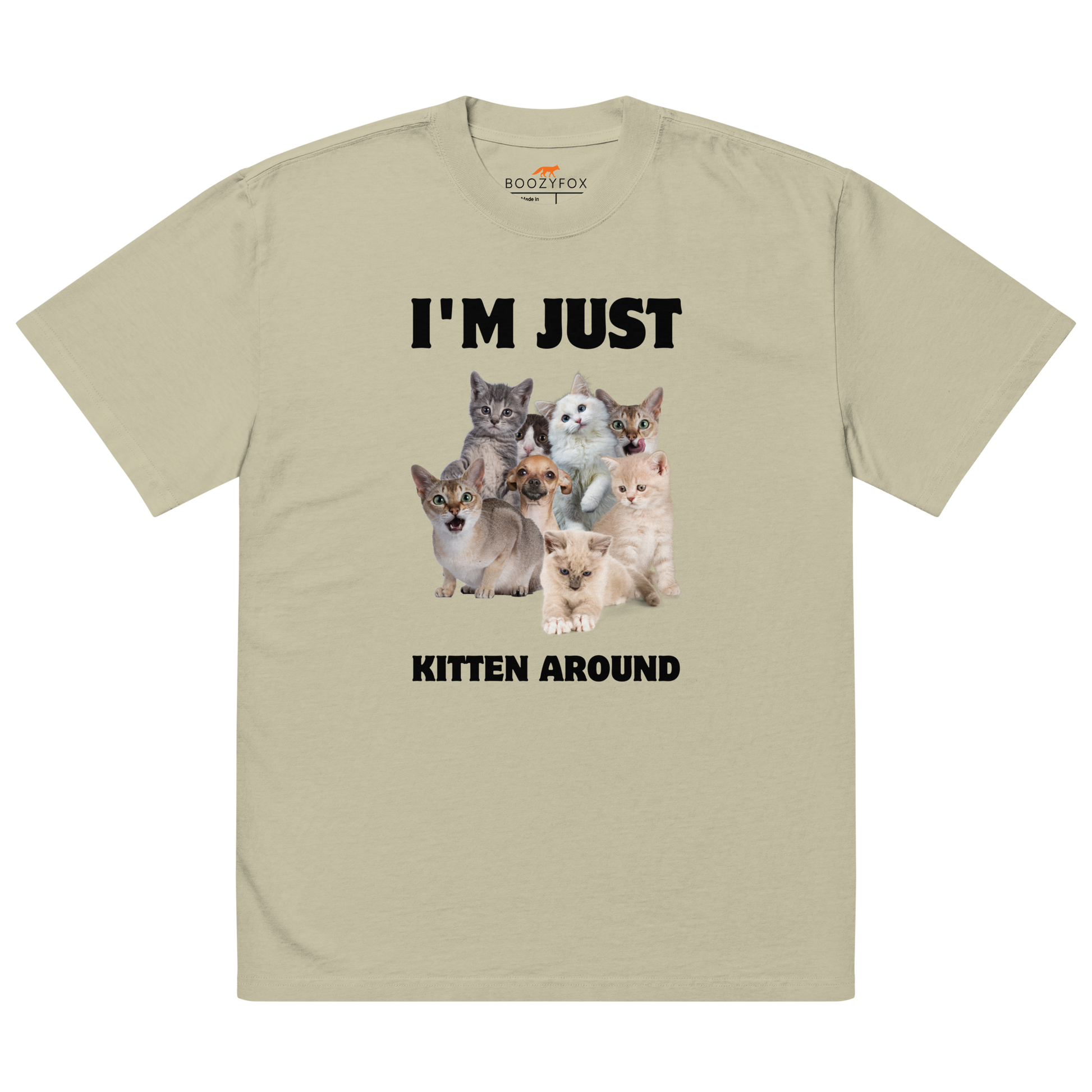 Faded Eucalyptus Cat Oversized T-Shirt featuring an I'm Just Kitten Around graphic on the chest - Funny Graphic Cat Oversized Tees - Boozy Fox