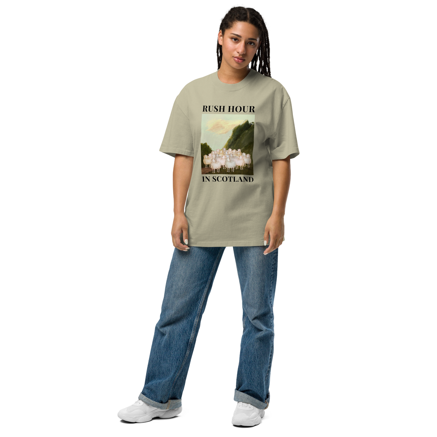 Woman wearing a Faded Eucalyptus Sheep Oversized Tee - Boozy Fox