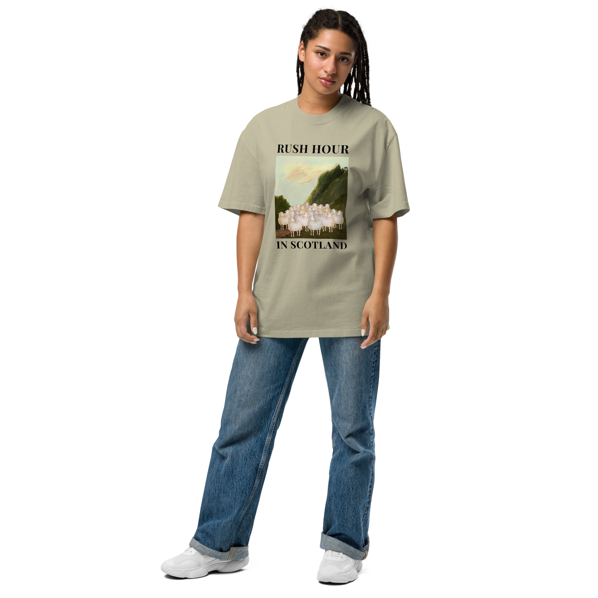 Woman wearing a Faded Eucalyptus Sheep Oversized Tee - Boozy Fox