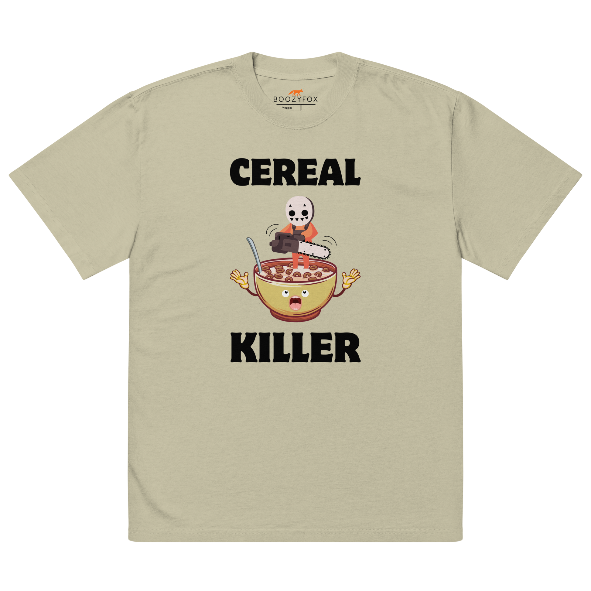 Faded Eucalyptus Cereal Killer Oversized T-Shirt featuring a Cereal Killer graphic on the chest - Funny Graphic Oversized Tees - Boozy Fox