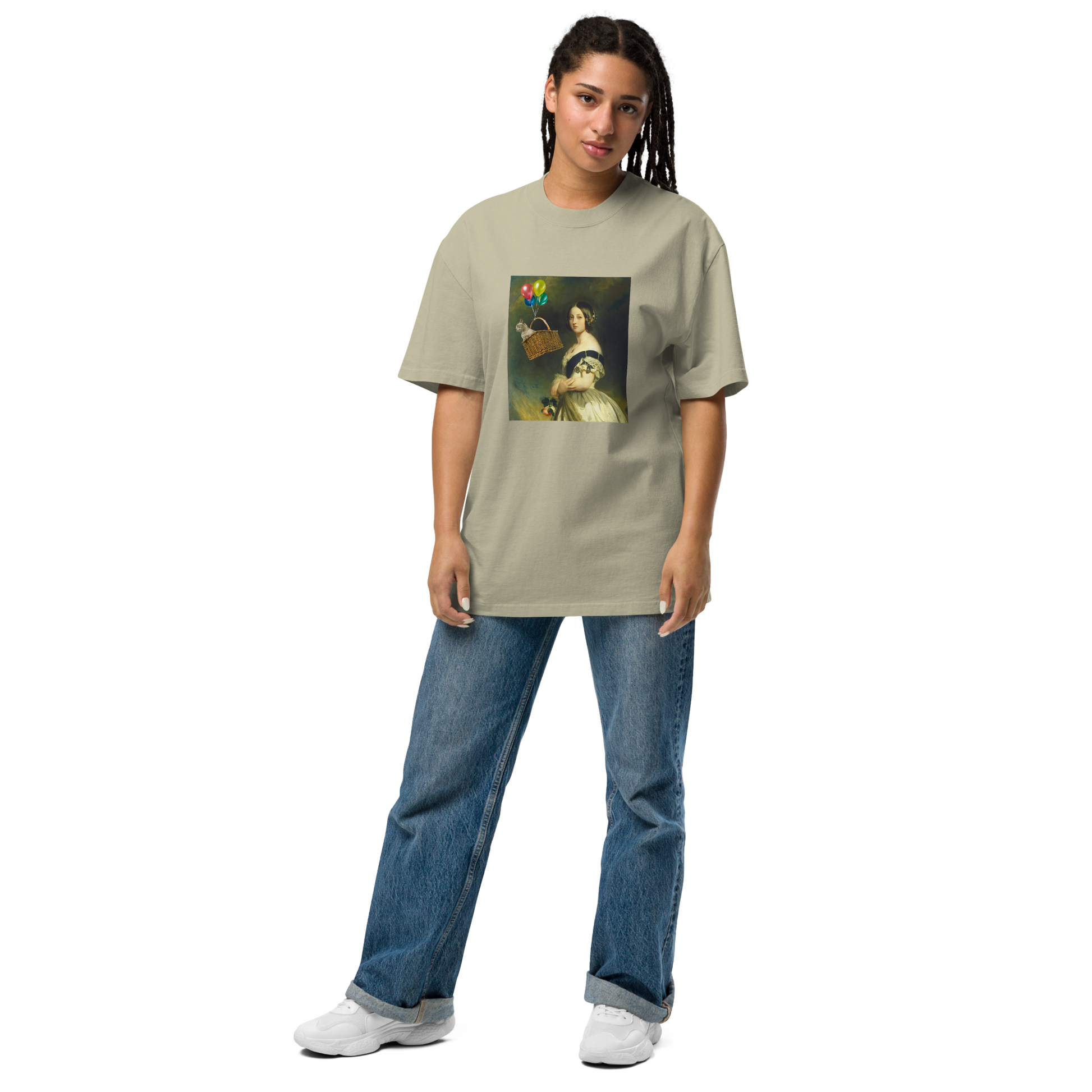 Woman wearing a faded eucalyptus Young Queen Victoria Oversized Tee - Boozy Fox