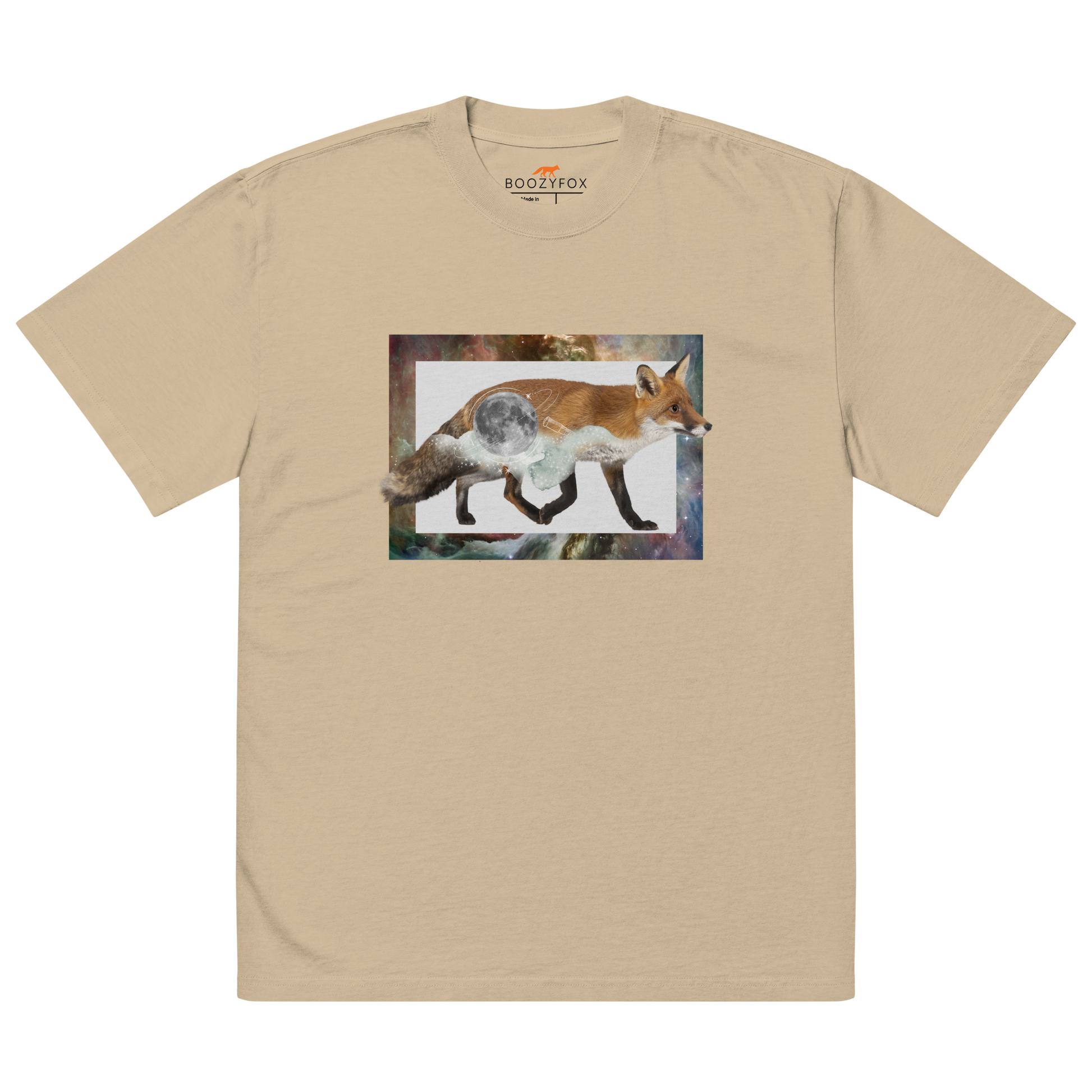 Faded Khaki Fox Oversized T-Shirt featuring a stellar Space Fox graphic on the chest - Cool Graphic Fox Oversized Tees - Boozy Fox