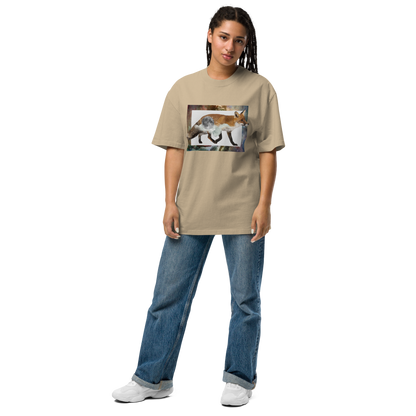 Woman wearing a Faded Khaki Fox Oversized T-Shirt featuring a stellar Space Fox graphic on the chest - Cool Graphic Fox Oversized Tees - Boozy Fox