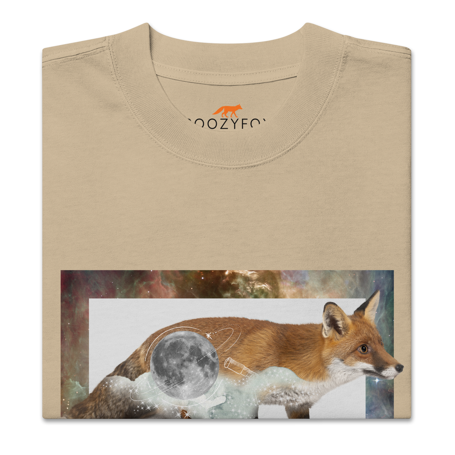 Product details of a Faded Khaki Fox Oversized T-Shirt featuring a stellar Space Fox graphic on the chest - Cool Graphic Fox Oversized Tees - Boozy Fox