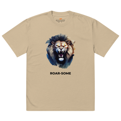 Faded Khaki Lion Oversized T-Shirt featuring a Roar-Some graphic on the chest - Cool Graphic Lion Oversized Tees - Boozy Fox
