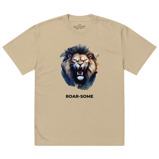Faded Khaki Lion Oversized T-Shirt featuring a Roar-Some graphic on the chest - Cool Graphic Lion Oversized Tees - Boozy Fox