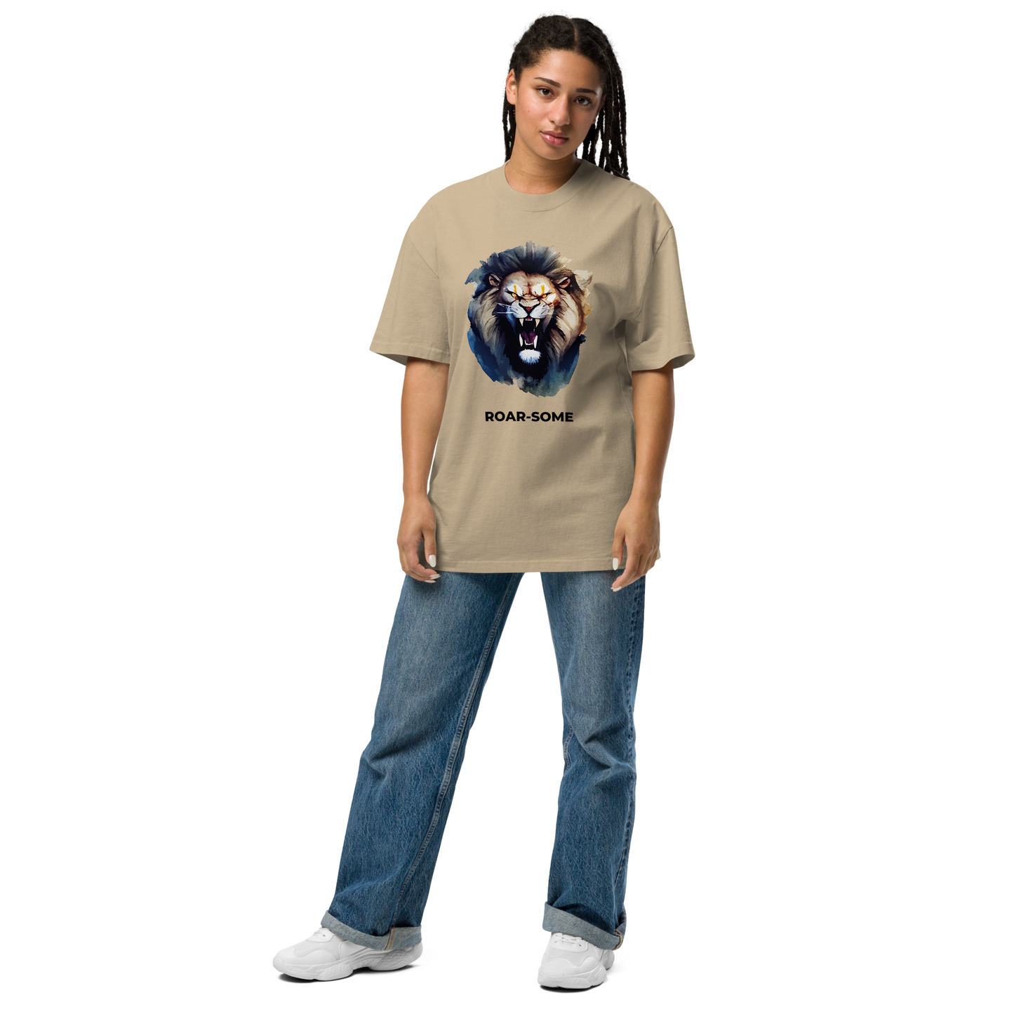 Woman wearing a Faded Khaki Lion Oversized T-Shirt featuring a Roar-Some graphic on the chest - Cool Graphic Lion Oversized Tees - Boozy Fox