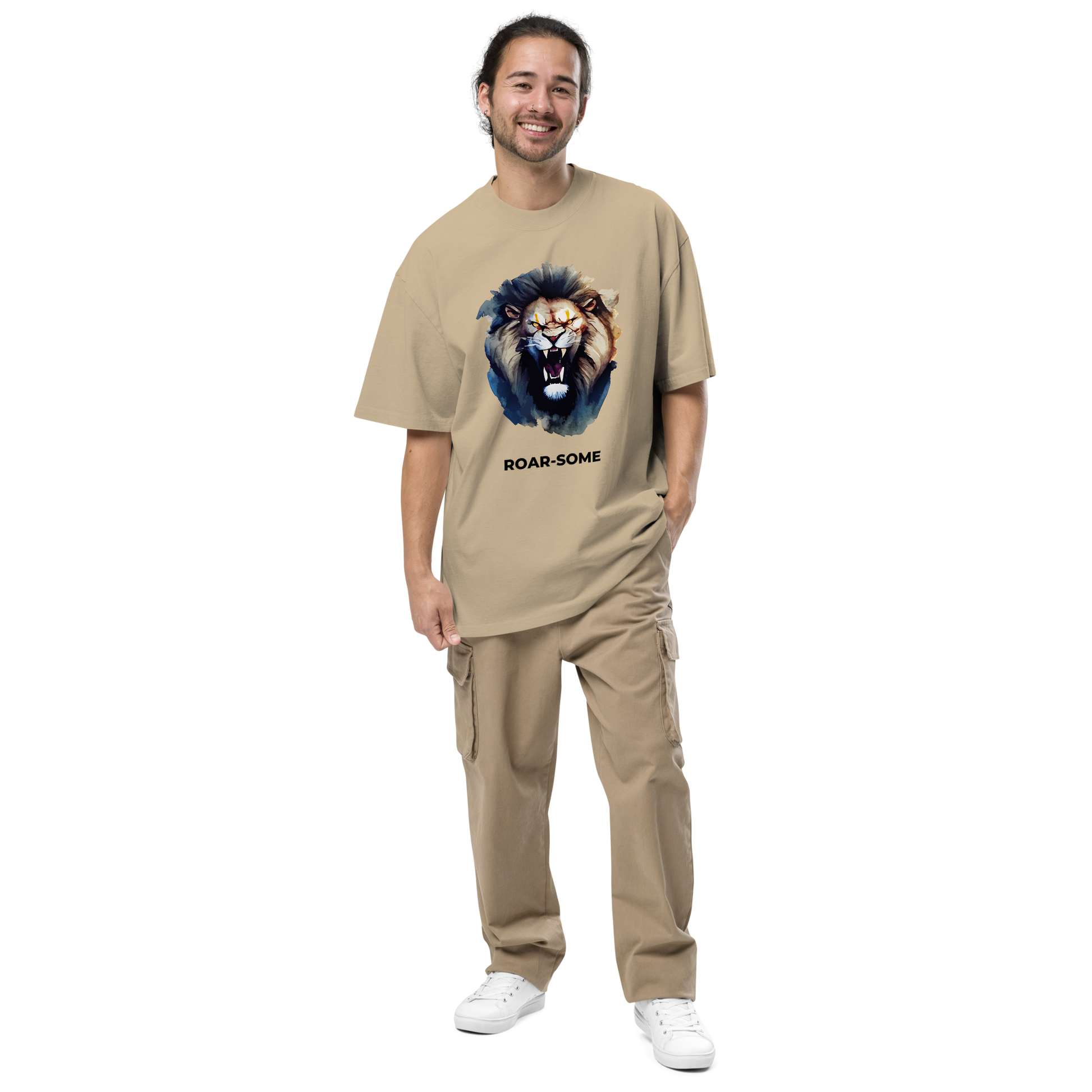 Smiling man wearing a Faded Khaki Lion Oversized T-Shirt featuring a Roar-Some graphic on the chest - Cool Graphic Lion Oversized Tees - Boozy Fox