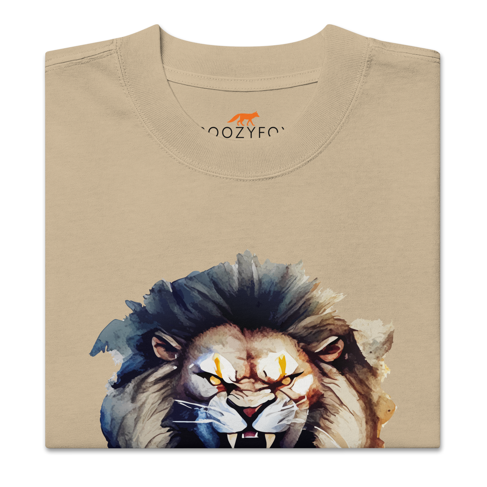 Product details of a Faded Khaki Lion Oversized T-Shirt featuring a Roar-Some graphic on the chest - Cool Graphic Lion Oversized Tees - Boozy Fox