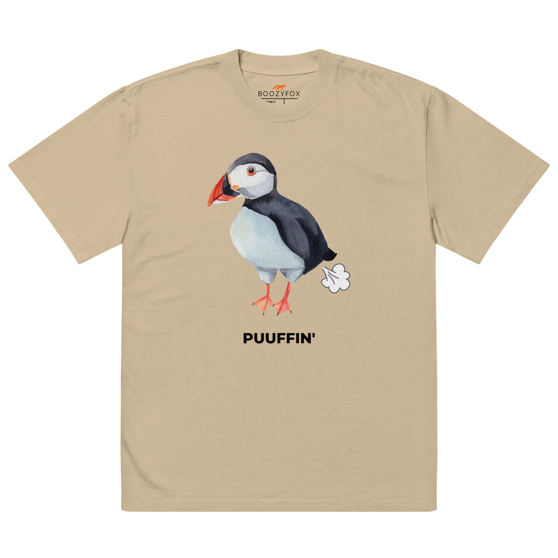 Faded Khaki Puffin Oversized T-Shirt featuring a comic Puuffin' graphic on the chest - Funny Graphic Puffin Oversized Tees - Boozy Fox